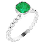 14K Gold Cushion Lab-Grown Emerald Family Beaded Stackable Ring - White Gold