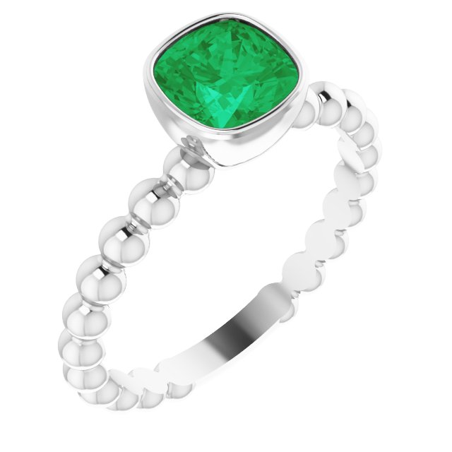 14K Gold Cushion Lab-Grown Emerald Family Beaded Stackable Ring - White Gold