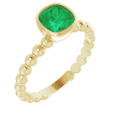 14K Gold Cushion Lab-Grown Emerald Family Beaded Stackable Ring - Yellow Gold