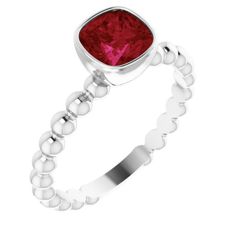14K Gold Cushion Lab-Grown Ruby Family Beaded Stackable Ring - White Gold