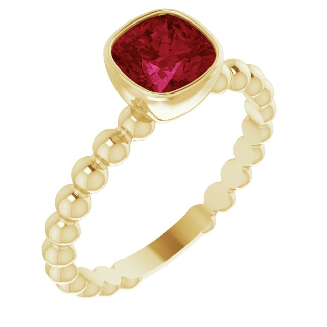 14K Gold Cushion Lab-Grown Ruby Family Beaded Stackable Ring - Yellow Gold