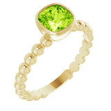 14K Gold Cushion Natural Peridot Family Beaded Stackable Ring - Yellow Gold