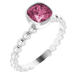 14K Gold Cushion Natural Pink Tourmaline Family Beaded Stackable Ring - White Gold