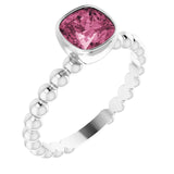 14K Gold Cushion Natural Pink Tourmaline Family Beaded Stackable Ring - White Gold
