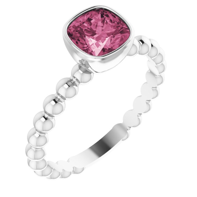 14K Gold Cushion Natural Pink Tourmaline Family Beaded Stackable Ring - White Gold