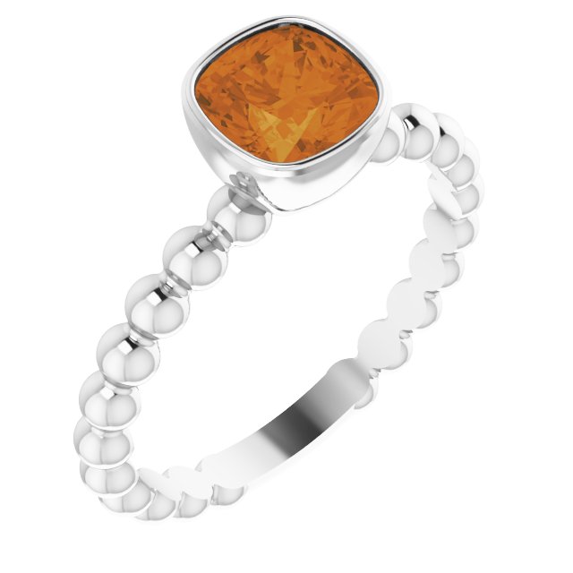 14K Gold Cushion Natural Citrine Family Beaded Stackable Ring - White Gold