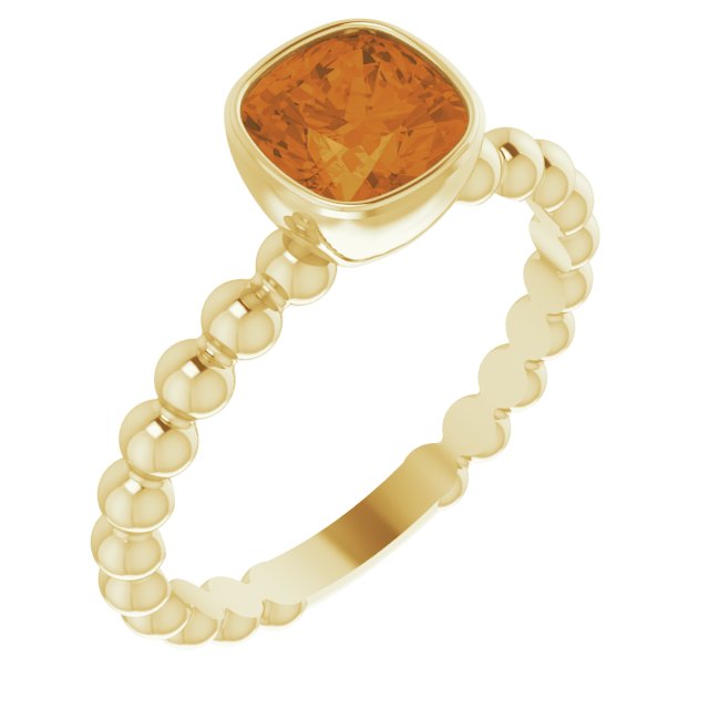 14K Gold Cushion Natural Citrine Family Beaded Stackable Ring - Yellow Gold