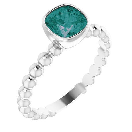 14K Gold Cushion Lab-Grown Alexandrite Family Beaded Stackable Ring - White Gold