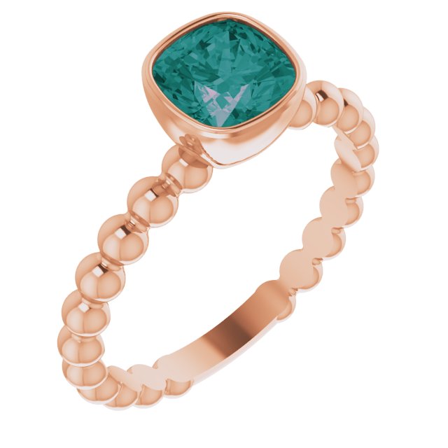 14K Gold Cushion Lab-Grown Alexandrite Family Beaded Stackable Ring - Rose Gold
