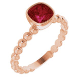14K Gold Cushion Lab-Grown Ruby Family Beaded Stackable Ring - Rose Gold