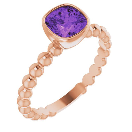 14K Gold Cushion Natural Amethyst Family Beaded Stackable Ring - Rose Gold