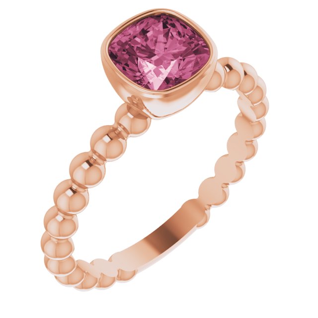 14K Gold Cushion Natural Pink Tourmaline Family Beaded Stackable Ring - Rose Gold