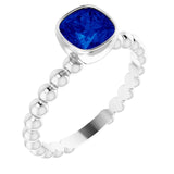 14K Gold Cushion Lab-Grown Blue Sapphire Family Beaded Stackable Ring - White Gold