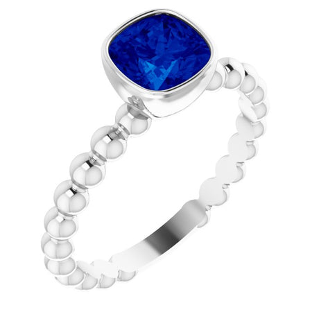 14K Gold Cushion Lab-Grown Blue Sapphire Family Beaded Stackable Ring - White Gold