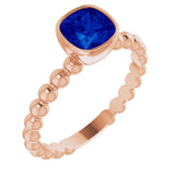 14K Gold Cushion Lab-Grown Blue Sapphire Family Beaded Stackable Ring - Rose Gold