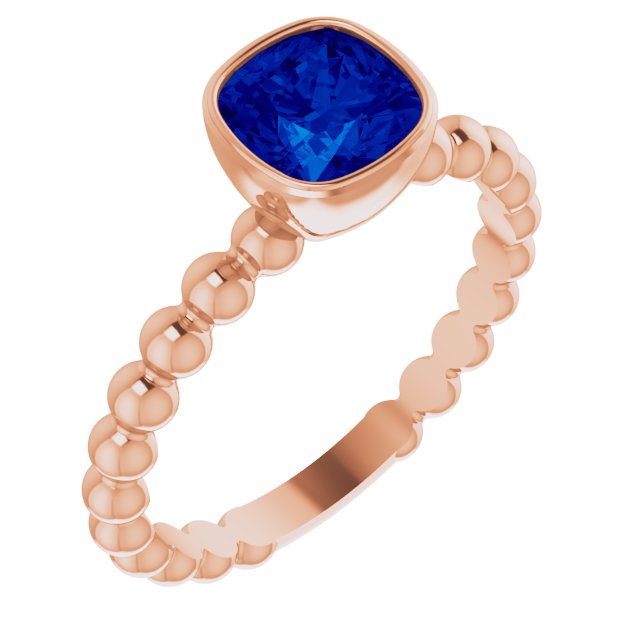 14K Gold Cushion Lab-Grown Blue Sapphire Family Beaded Stackable Ring - Rose Gold