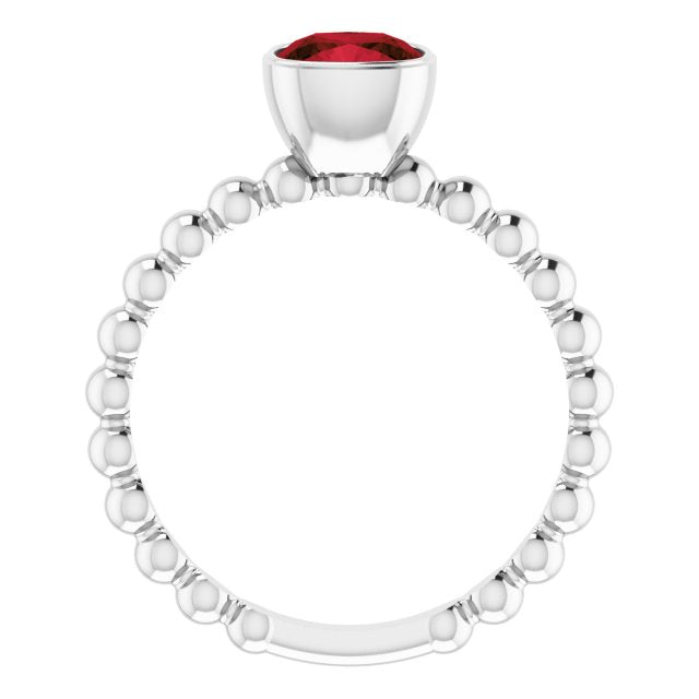 14K Gold Cushion Natural Mozambique Garnet Family Beaded Stackable Ring - White Gold - view 2