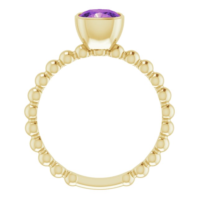 14K Gold Cushion Natural Amethyst Family Beaded Stackable Ring - Yellow Gold - view 2