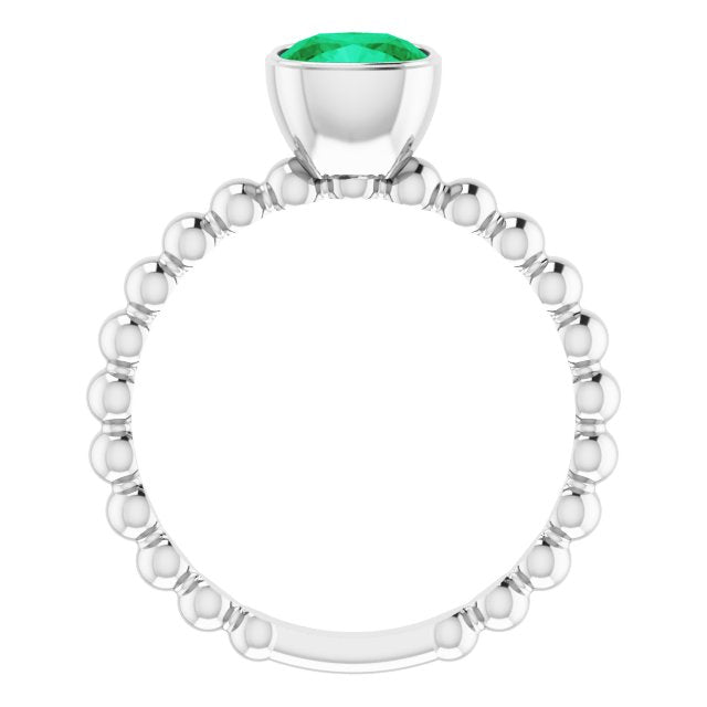 14K Gold Cushion Lab-Grown Emerald Family Beaded Stackable Ring - White Gold - view 2