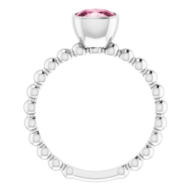 14K Gold Cushion Natural Pink Tourmaline Family Beaded Stackable Ring - White Gold - view 2