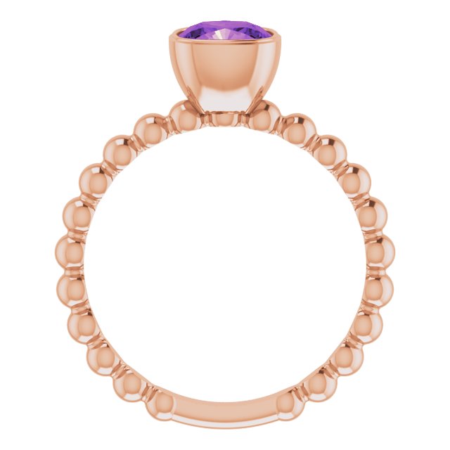 14K Gold Cushion Natural Amethyst Family Beaded Stackable Ring - Rose Gold - view 2