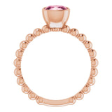 14K Gold Cushion Natural Pink Tourmaline Family Beaded Stackable Ring - Rose Gold - view 2