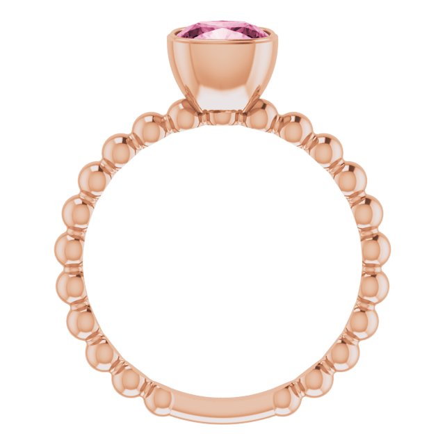 14K Gold Cushion Natural Pink Tourmaline Family Beaded Stackable Ring - Rose Gold - view 2