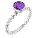 14K Gold Round Natural Amethyst Family Beaded Stackable Ring - White Gold