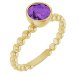14K Gold Round Natural Amethyst Family Beaded Stackable Ring - Yellow Gold