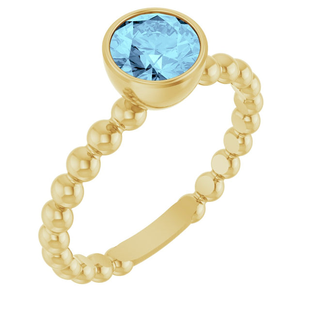 14K Gold Round Natural Aquamarine Family Beaded Stackable Ring - Yellow Gold