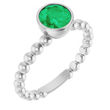 14K Gold Round Natural Emerald Family Beaded Stackable Ring - White Gold