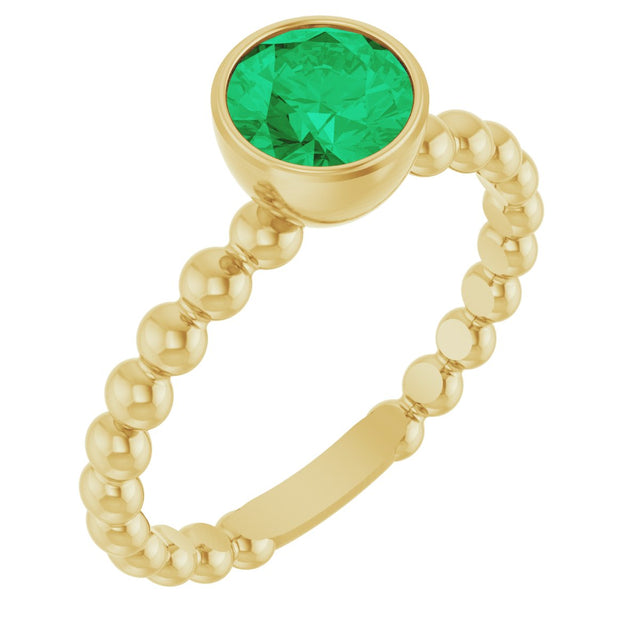 14K Gold Round Natural Emerald Family Beaded Stackable Ring - Yellow Gold