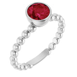 14K Gold Round Lab-Grown Ruby Family Beaded Stackable Ring - White Gold