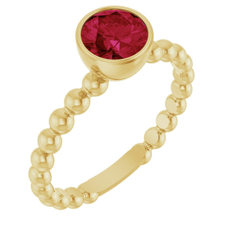 14K Gold Round Lab-Grown Ruby Family Beaded Stackable Ring - Yellow Gold