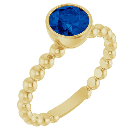 14K Gold Round Natural Blue Sapphire Family Beaded Stackable Ring - Yellow Gold
