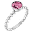 14K Gold Round Natural Pink Tourmaline Family Beaded Stackable Ring - White Gold
