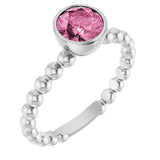 14K Gold Round Natural Pink Tourmaline Family Beaded Stackable Ring - White Gold
