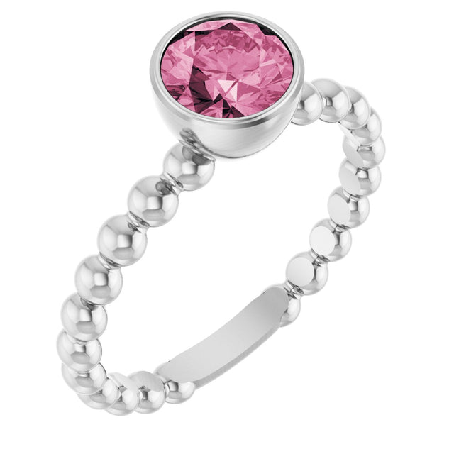 14K Gold Round Natural Pink Tourmaline Family Beaded Stackable Ring - White Gold