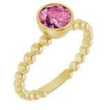 14K Gold Round Natural Pink Tourmaline Family Beaded Stackable Ring - Yellow Gold