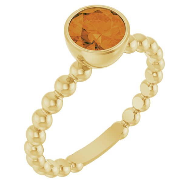 14K Gold Round Natural Citrine Family Beaded Stackable Ring - Yellow Gold