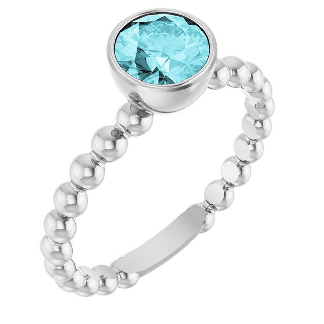 14K Gold Round Natural Blue Zircon Family Beaded Stackable Ring - White Gold