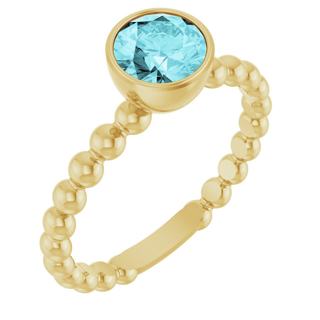 14K Gold Round Natural Blue Zircon Family Beaded Stackable Ring - Yellow Gold