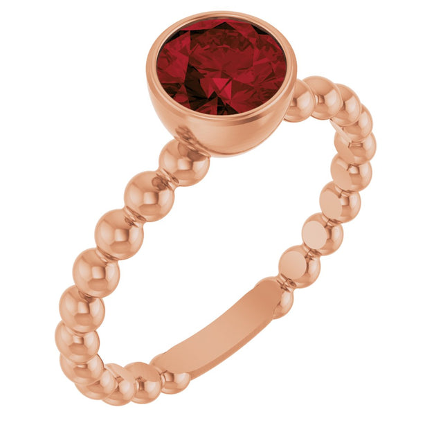 14K Gold Round Natural Mozambique Garnet Family Beaded Stackable Ring - Rose Gold