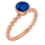14K Gold Round Natural Blue Sapphire Family Beaded Stackable Ring - Rose Gold