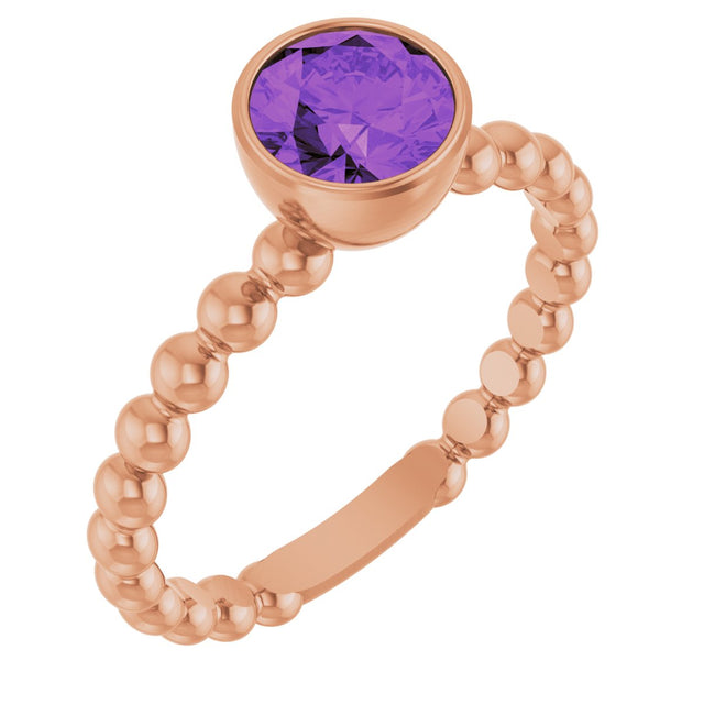 14K Gold Round Natural Amethyst Family Beaded Stackable Ring - Rose Gold