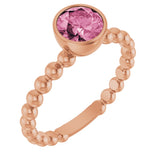 14K Gold Round Natural Pink Tourmaline Family Beaded Stackable Ring - Rose Gold