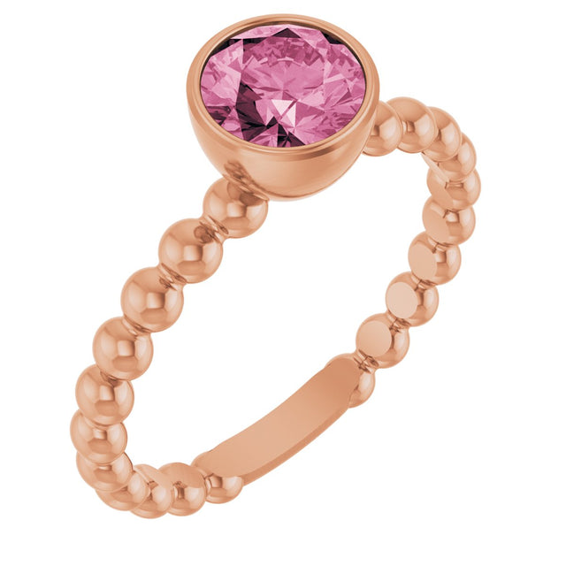 14K Gold Round Natural Pink Tourmaline Family Beaded Stackable Ring - Rose Gold