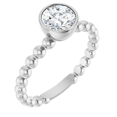 14K Gold Round Natural White Sapphire Family Beaded Stackable Ring - White Gold