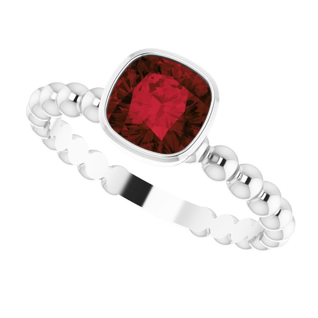 14K Gold Cushion Natural Mozambique Garnet Family Beaded Stackable Ring - White Gold - view 5