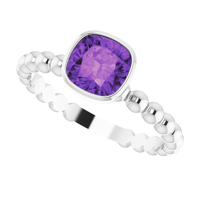 14K Gold Cushion Natural Amethyst Family Beaded Stackable Ring - White Gold - view 5